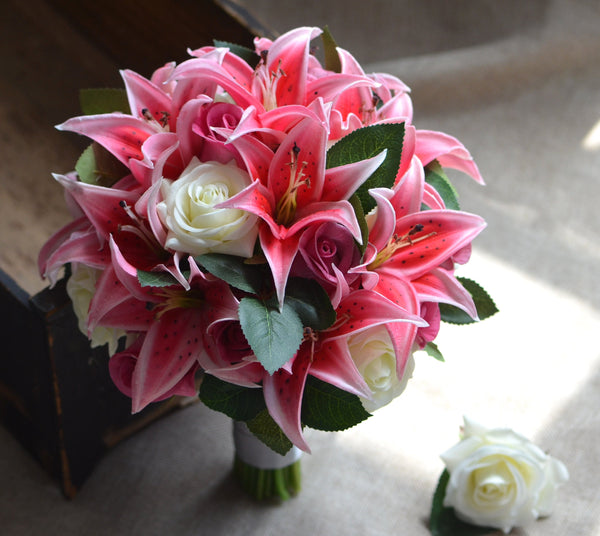 white lily and pink rose wedding bouquet Hot Pink Lilies and Roses Bridal Bouquet – XsRose