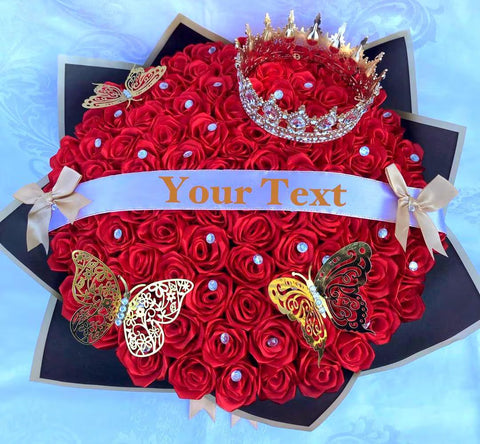 100 Rose Eternal Rose Bouquet W/ Crown, Queen Bouquet, Ramo Buchon, Birthday Bouquet, Engagement, Graduation Ever Lasting Flower Arrangement