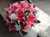 Hot Pink Lilies & Roses Bridal Bouquet – Real Touch Flowers with Groom Boutonniere 🌸💖