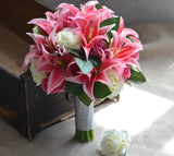 Hot Pink Lilies & Roses Bridal Bouquet – Real Touch Flowers with Groom Boutonniere 🌸💖