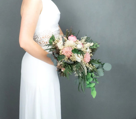 Ivory Pink Cascading Pastel Bridal Bouquet – Sola Flowers, Preserved Greens & Lace 🌸✨