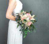 Ivory Pink Cascading Pastel Bridal Bouquet – Sola Flowers, Preserved Greens &amp; Lace 🌸✨