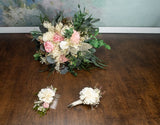 Ivory Pink Cascading Pastel Bridal Bouquet – Sola Flowers, Preserved Greens &amp; Lace 🌸✨