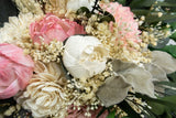 Ivory Pink Cascading Pastel Bridal Bouquet – Sola Flowers, Preserved Greens &amp; Lace 🌸✨