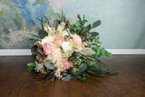 Ivory Pink Cascading Pastel Bridal Bouquet – Sola Flowers, Preserved Greens &amp; Lace 🌸✨