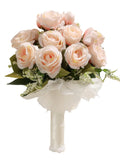Elegant artificial bridal bouquet with soft pink roses and greenery, wrapped in lace and satin ribbon – perfect for weddings or events, available at xsrose.com