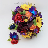 Vibrant Wedding Bouquet – Red, Blue, Yellow, Orange Bridal Bouquet with Calla Lilies, Sunflowers &amp; Roses 🌻💐