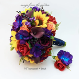 Vibrant Wedding Bouquet – Red, Blue, Yellow, Orange Bridal Bouquet with Calla Lilies, Sunflowers &amp; Roses 🌻💐