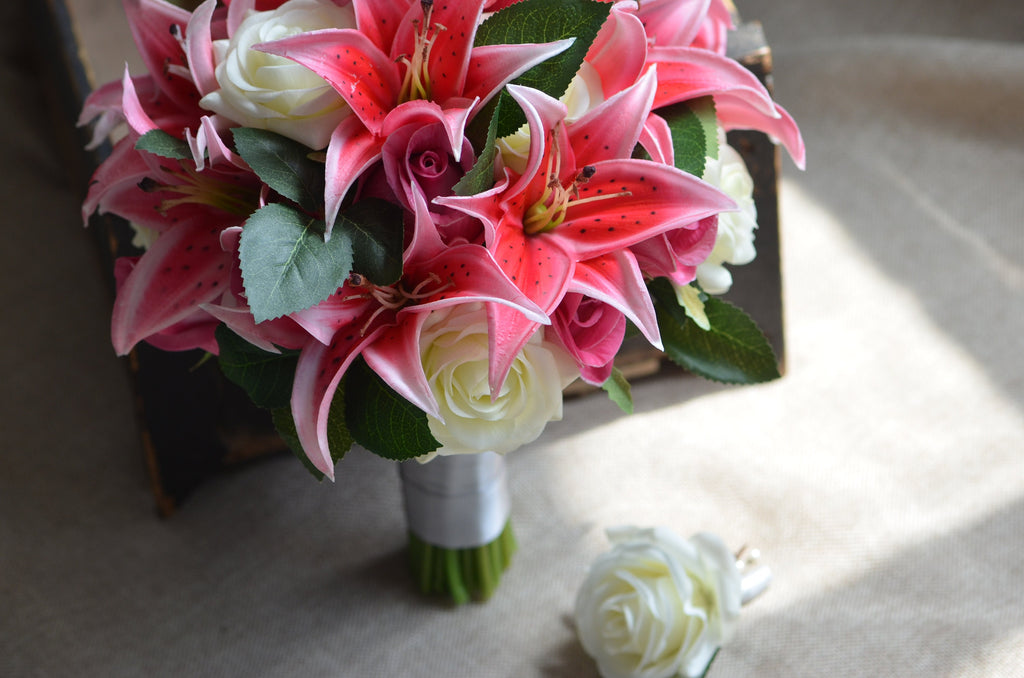 white lily and rose bridal bouquet Hot Pink Lilies and Roses Bridal Bouquet – XsRose